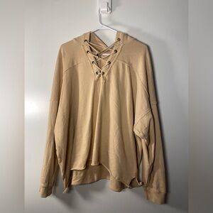 Aerie Beige Lace-Up Cotton Women's Oversized Hoodie